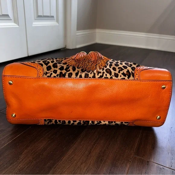 Antonio Melani Y2K Orange Leather Leopard Calf Hair Large Satchel Tote Tassels - Picture 7 of 16